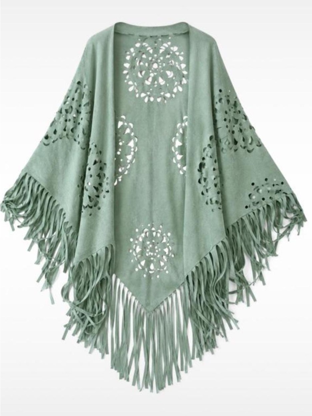 Boho Fringe Open Laser Cut Poncho- Sage Green